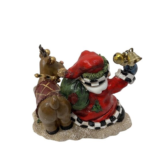 Santa Ringing Bell Holding Gift Bag With Reindeer Figurine Christmas Decor - Picture 1 of 4